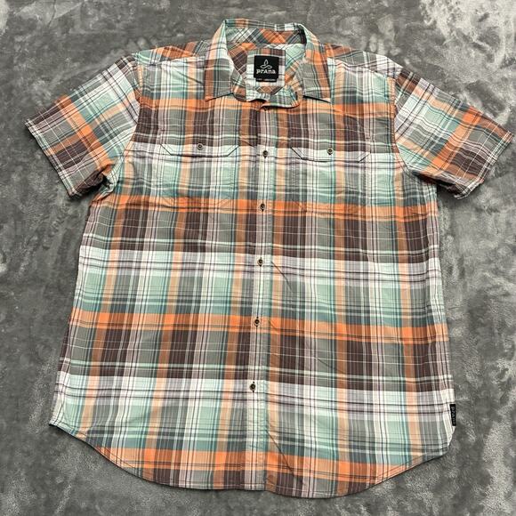 Prana Shirt Mens Large Brown Plaid Short Sleeve Button Up Organic Cotton Outdoor - Picture 1 of 10